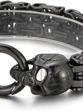 NEW Punk Skull Byzantine Chain Men's Bracelet‎ Stainless Steel 9.05 inch Goth